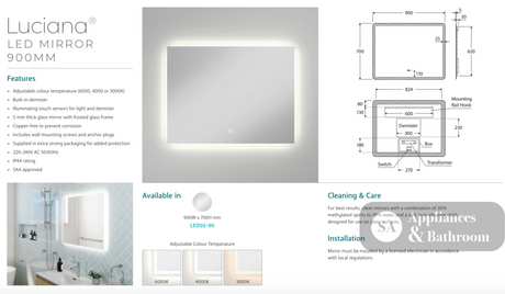 Fienza LED02-90 Luciana LED Mirror 900 x 700 mm - Mirrors