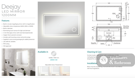 Fienza LED04-120 Deejay LED Mirror 1200 x 700 mm - Mirrors