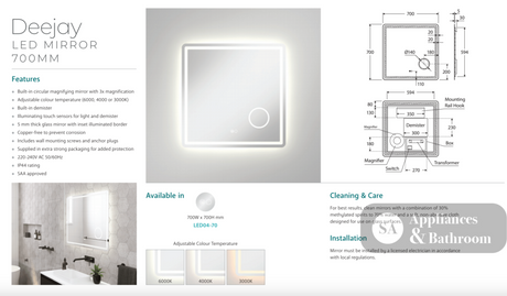 Fienza LED04-70 Deejay LED Mirror 700 x 700 mm - Mirrors