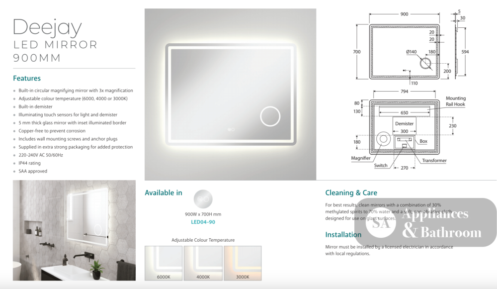 Fienza LED04-90 Deejay LED Mirror 900 x 700 mm - Mirrors