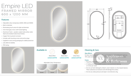 Fienza LED60120FPB Empire LED Matte Black Framed Mirror 600 x 1200mm - Mirrors