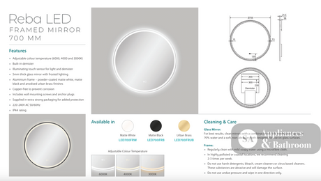 Fienza LED700FRW Reba LED Matte White Framed Mirror 700mm - Mirrors