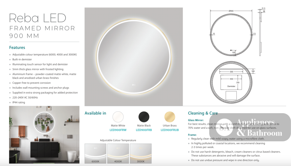 Fienza LED900FRUB Reba LED Urban Brass Framed Mirror 900mm - Mirrors
