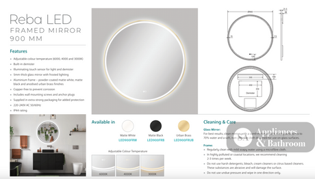 Fienza LED900FRUB Reba LED Urban Brass Framed Mirror 900mm - Mirrors