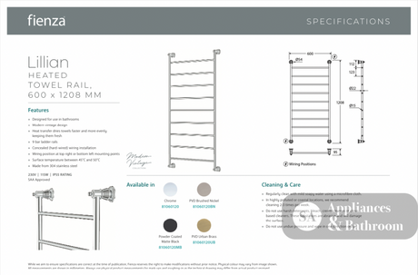 Fienza Lillian Heated Towel Rail - Brushed Nickel - Heated Towel Ladder