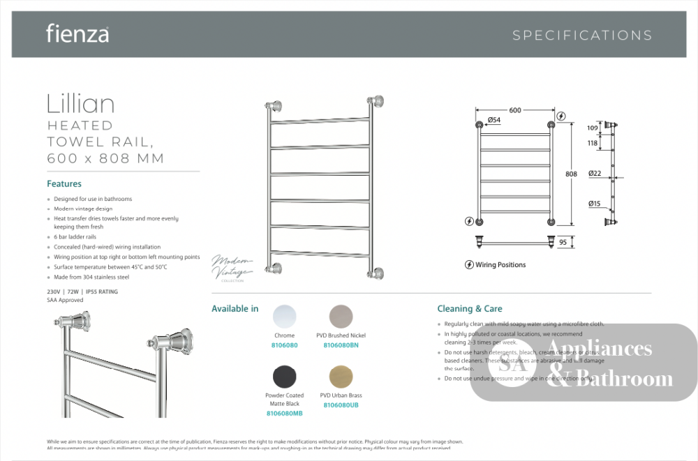 Fienza Lillian Heated Towel Rail - Brushed Nickel - Heated Towel Ladder