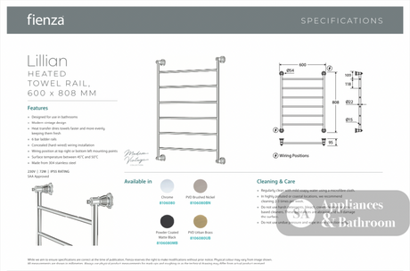 Fienza Lillian Heated Towel Rail - Brushed Nickel - Heated Towel Ladder