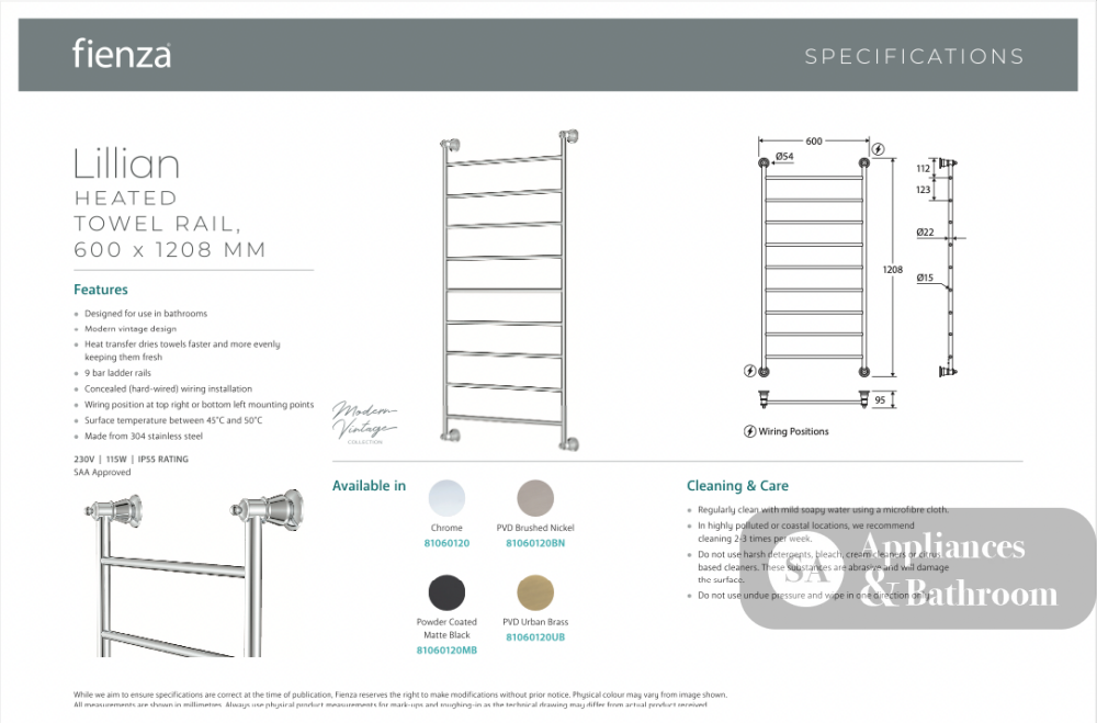 Fienza Lillian Heated Towel Rail - Matte Black - Heated Towel Ladder