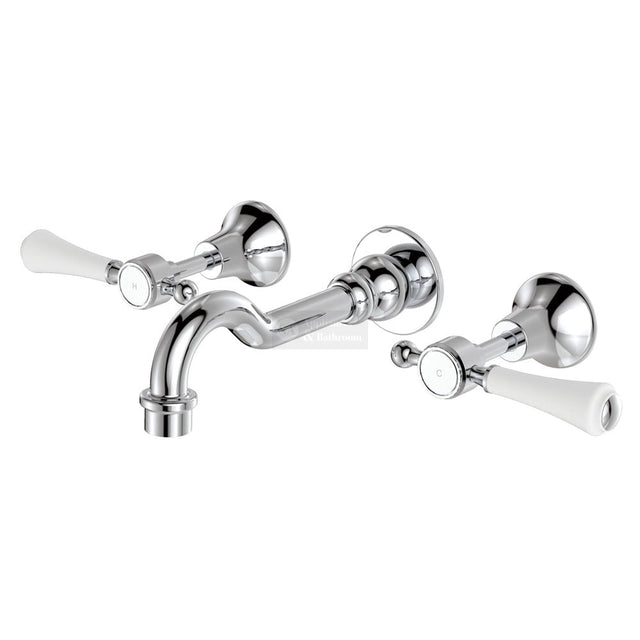 Fienza Lillian Lever Basin Bath Wall Set - Chrome with Ceramic White Handles Tapware 3 Piece