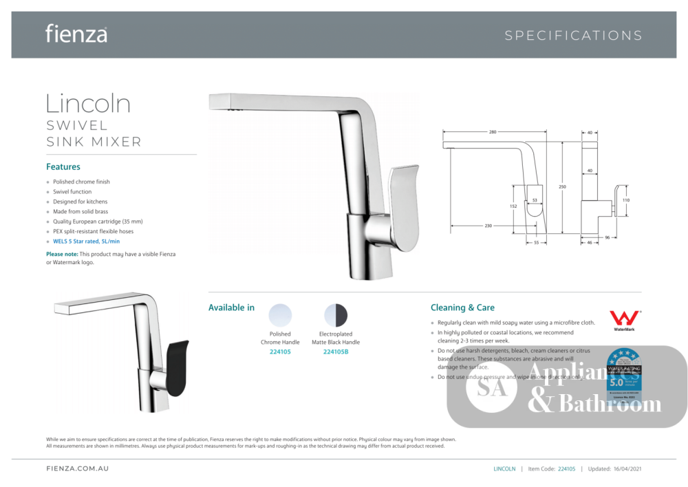 Fienza Lincoln 224105 Swivel Sink Mixer Mixed Finish - Kitchen Mixer Taps
