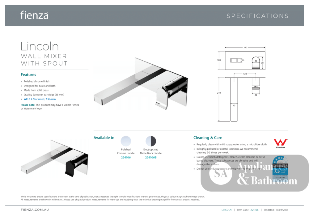 Fienza Lincoln Wall Mixer Spout Mixed Finish - MIXER