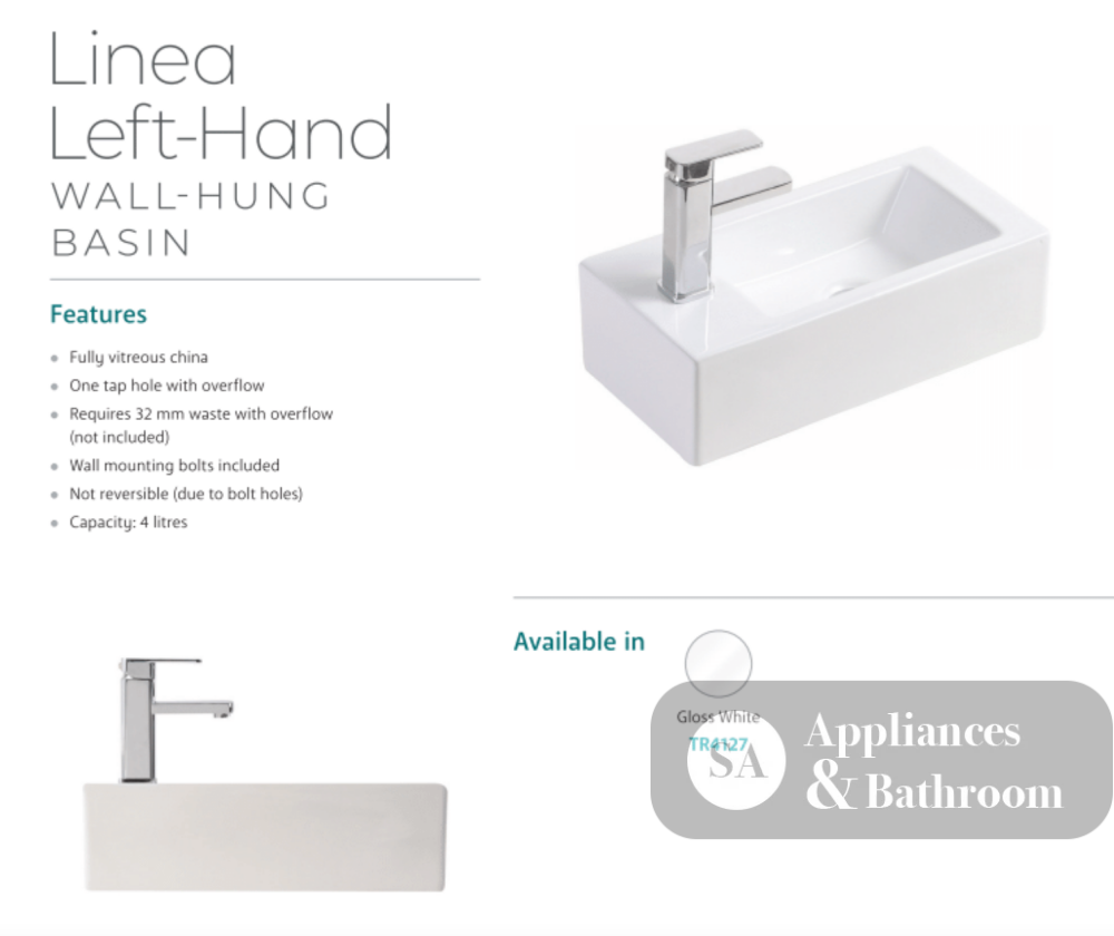 Fienza Linea TR4127 Wall Hung Ceramic Basin - 1 Left Hand Tap Hole White - Basins