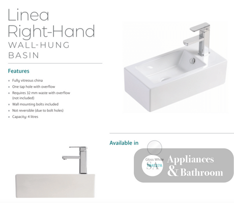 Fienza Linea TR4127A Wall Hung Ceramic Basin - 1 Right Hand Tap Hole White - Basins