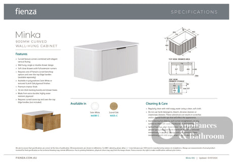 Fienza LOL90US Lola 900 Matte Minka Curved Scandi Oak Wall-Hung Vanity One Tap Hole - Wall Hung Vanity