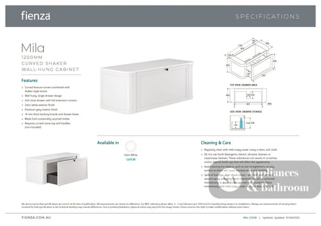 Fienza Lola LOL120CM 1200 Matte Minka Curved Satin White Wall-Hung Vanity One Tap Hole - Wall Hung Vanity