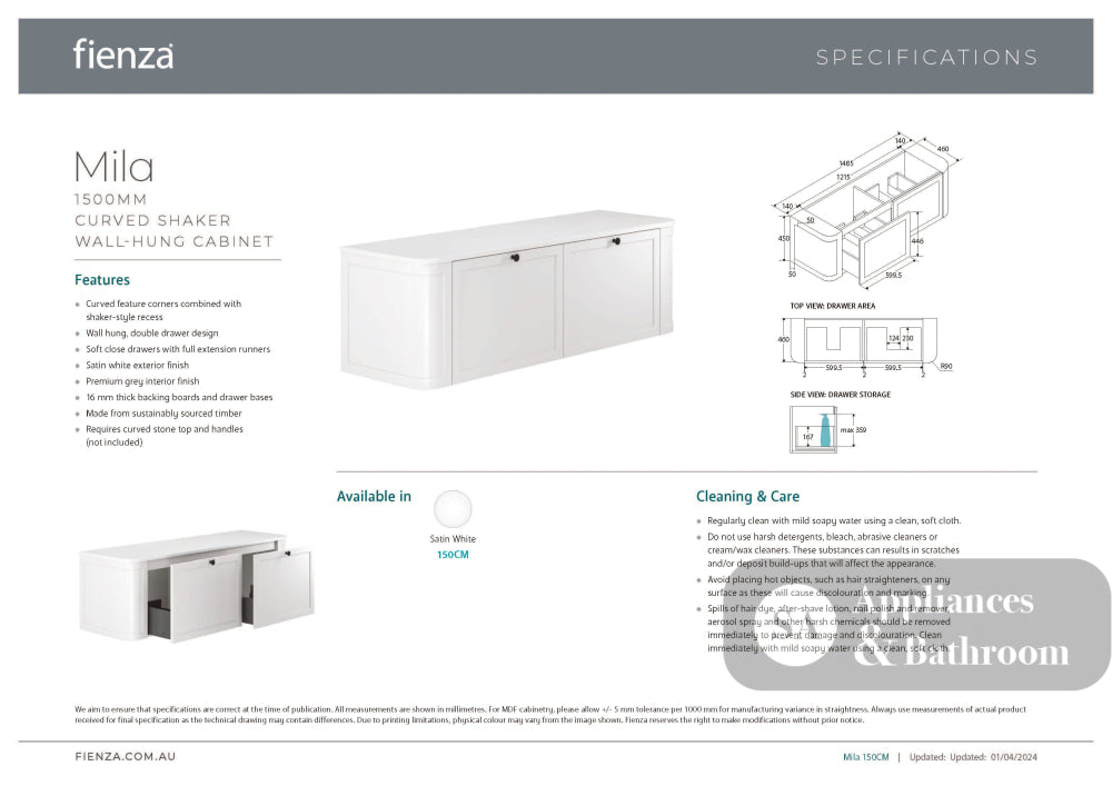 Fienza Lola LOL150CMD 1500 Matte Minka Curved Satin White Wall-Hung Vanity One Tap Hole - Wall Hung Vanity