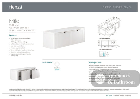 Fienza Lola LOL150CMD 1500 Matte Minka Curved Satin White Wall-Hung Vanity One Tap Hole - Wall Hung Vanity
