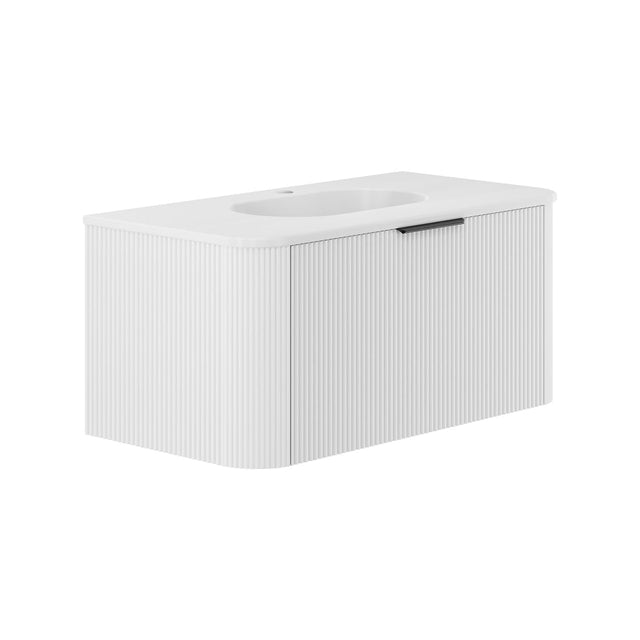 Fienza Lola LOL90CM 900 Matte Minka Curved Satin White Wall-Hung Vanity One Tap Hole - Wall Hung Vanity