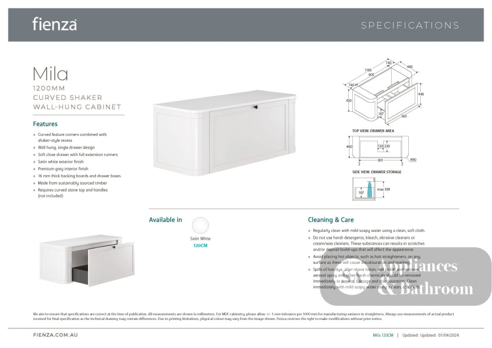 Fienza LOLM120UW Lola 1200 Mila Curved Satin White Wall-Hung Vanity One Tap Hole - Wall Hung Vanity