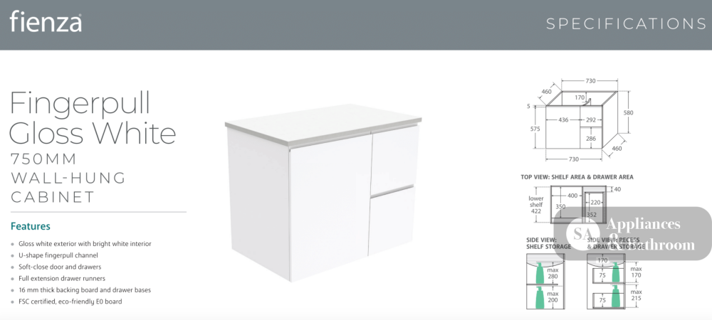 Fienza MON75FR Montana Fingerpull 750 Gloss Wall Hung White Vanity Left Drawers - Vanity Units