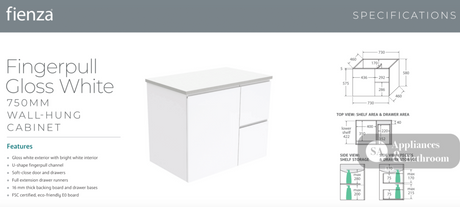 Fienza MON75FR Montana Fingerpull 750 Gloss Wall Hung White Vanity Left Drawers - Vanity Units
