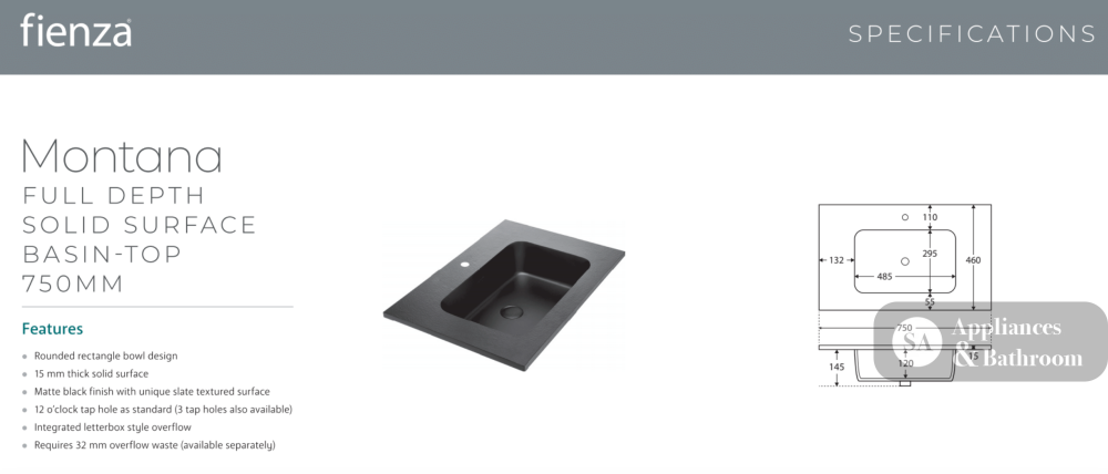 Fienza MON75ZL Montana Fingerpull 750 Satin Black Wall Hung Vanity Left Drawers - Vanity Units