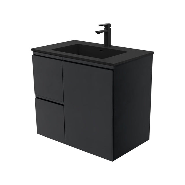 Fienza MON75ZL Montana Fingerpull 750 Satin Black Wall Hung Vanity Left Drawers - Vanity Units