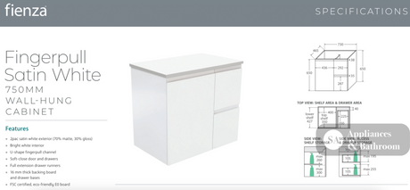 Fienza MON75ZR Montana Fingerpull 750 Gloss White Wall Hung Vanity Right Drawers - Vanity Units