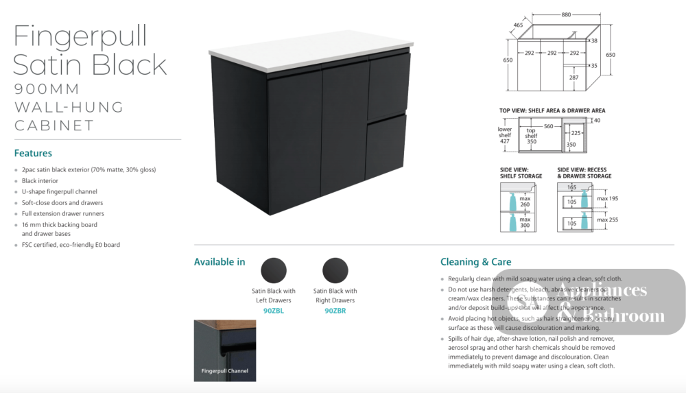 Fienza MON90ZBR Montana Fingerpull 900 Satin Black Wall Hung Vanity Right Drawers - Vanity Units