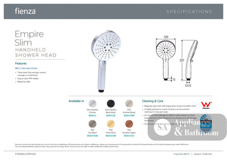 Fienza MSH117CO Empire Slim Handheld Shower Head 3 Function Brushed Copper - Hand Showers