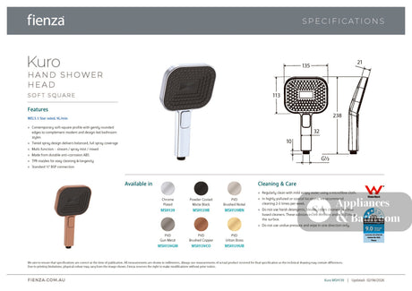 Fienza MSH139 Kuro Hand Shower Head Soft Square Chrome