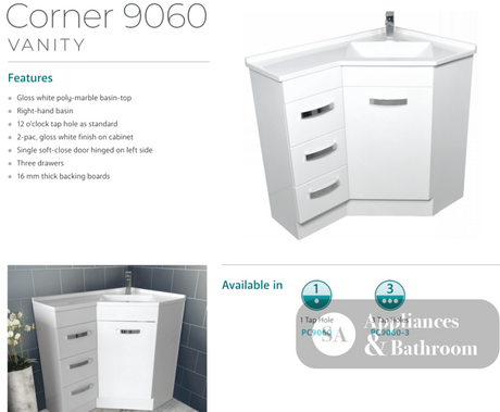 Fienza Pc9060 Corner 600X900 Vanity Unit White - Special Order Units