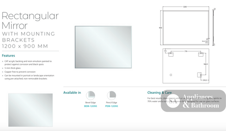 Fienza PEM-12090 Pencil Edge Rectangular Mirror 1200 x 900mm - Mirrors