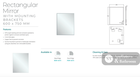 Fienza PEM-6075 Pencil Edge Rectangular Mirror 600 x 750mm - Mirrors