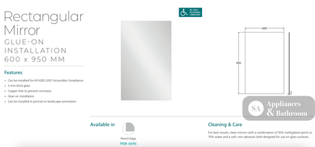 Fienza PEM-6095 Pencil Edge Rectangular Mirror 600 x 950mm - Mirrors