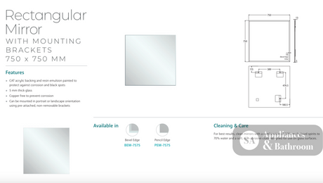 Fienza PEM-7575 Pencil Edge Rectangular Mirror 750 x 750mm- Special Order - Mirrors