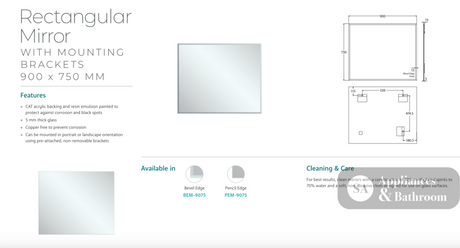 Fienza PEM-9075 Pencil Edge Rectangular Mirror 900 x 750mm - Mirrors
