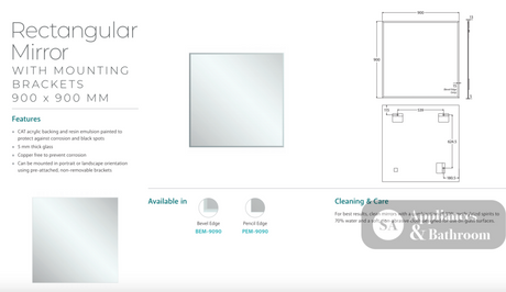 Fienza PEM-9090 Pencil Edge Rectangular Mirror 900 x 900mm - Mirrors