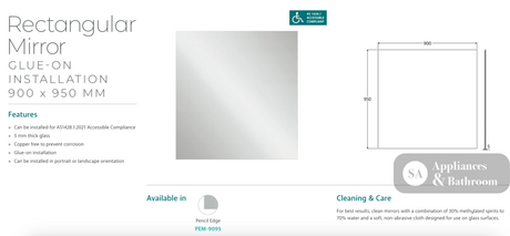 Fienza PEM-9095 Pencil Edge Rectangular Mirror 900 x 950mm - Mirrors