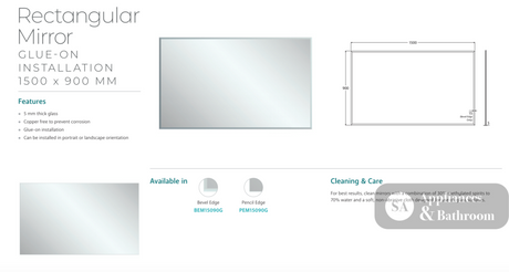Fienza PEM15090G Pencil Edge Rectangular Glue-On Mirror 1500 x 900mm - Mirrors