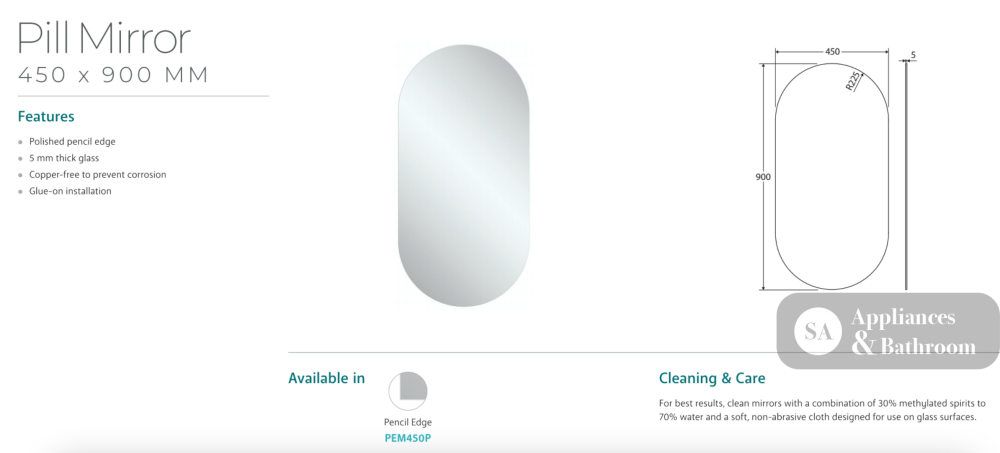 Fienza PEM450P Pill Mirror 450 x 900mm - Mirrors
