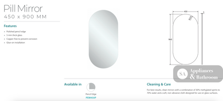 Fienza PEM450P Pill Mirror 450 x 900mm - Mirrors