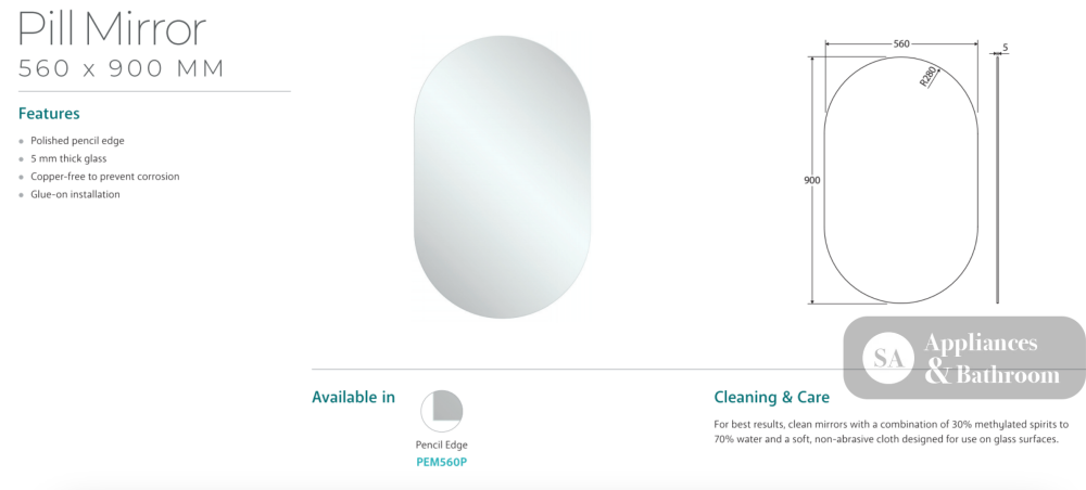 Fienza PEM560P Pill Mirror 560 x 900mm - Mirrors