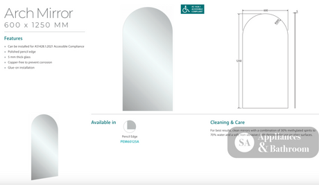 Fienza PEM60125A Arch Mirror 600 x 1250mm - Mirrors