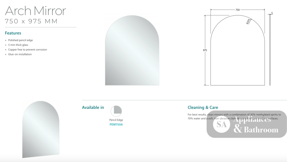 Fienza PEM750A Arch Mirror 750 x 975mm - Mirrors