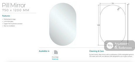 Fienza PEM750P Pill Mirror 750 x 1200mm - Mirrors