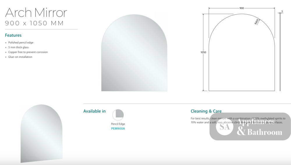 Fienza PEM900A Arch Mirror 900 x 1050mm Adelaide Only - Mirrors