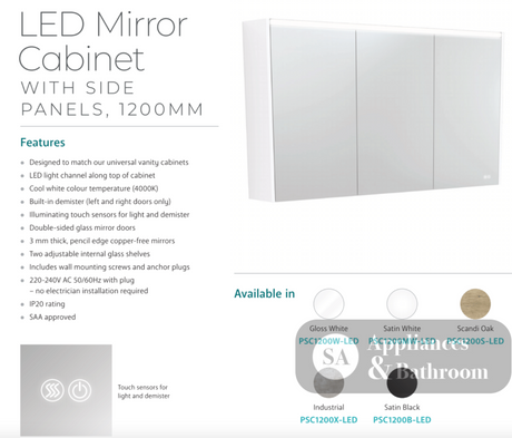Fienza PSC1200B-LED 1200mm Mirror LED Cabinet Satin Black - Mirrors & Cabinets