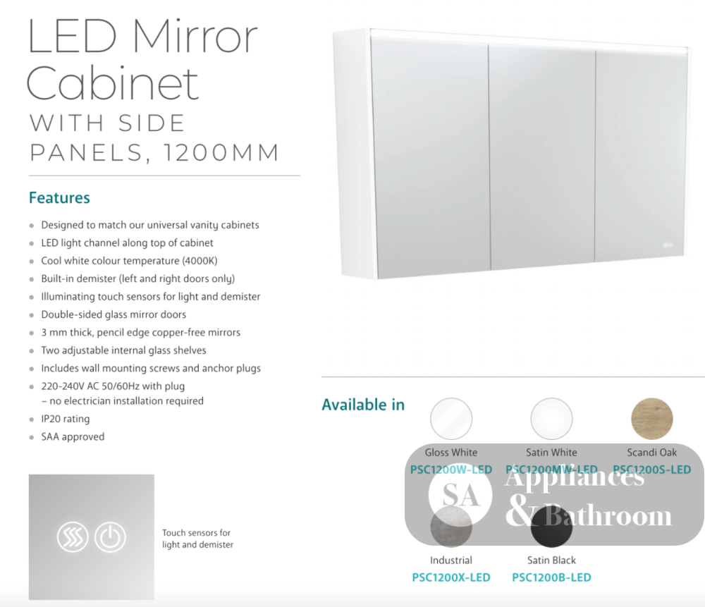 Fienza PSC1200MW-LED 1200mm Mirror LED Cabinet Satin White - Mirrors & Cabinets