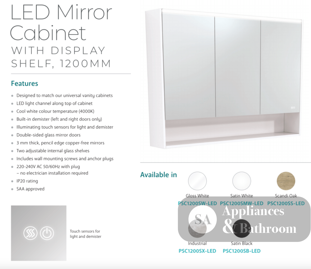 Fienza PSC1200SMW-LED 1200mm Mirror LED Cabinet with Undershelf Satin White - Mirrors & Cabinets